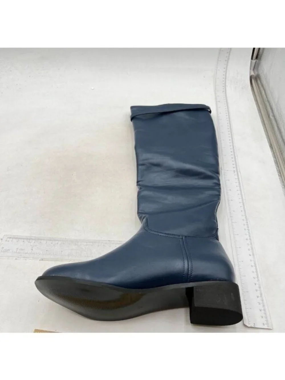 FSJ Women Regular Round Toe Flat Riding Knee High Boots Wide Calf Buckled Blue